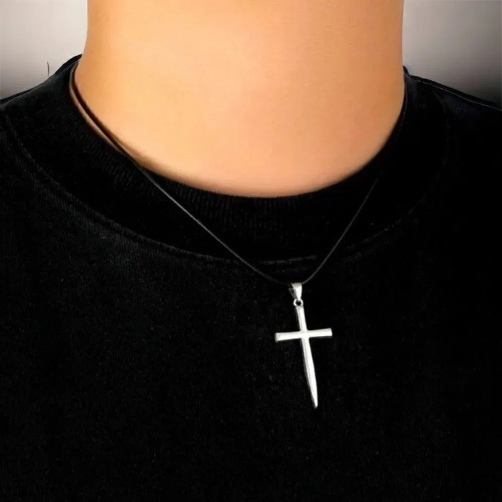 Cross Necklace  l Silver on Black Unisex l New l